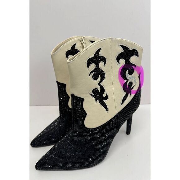 INC Cowboy‎ Boots Size 9.5 Black Cream Embellished Western High Heel Booties - Picture 4 of 11
